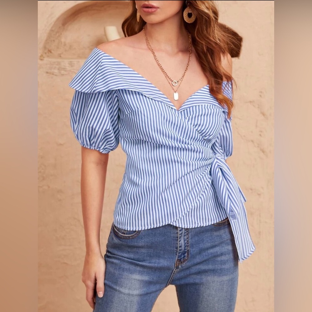Striped Off The Shoulder Wrap Tie Side Blouse
